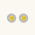 Yellow moissanite halo stud earrings in 925 sterling silver with 0.1ct VVS1 yellow moissanite and pave zirconia halo by VAHN Jewels