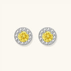 Yellow moissanite halo stud earrings in 925 sterling silver with 0.1ct VVS1 yellow moissanite and pave zirconia halo by VAHN Jewels