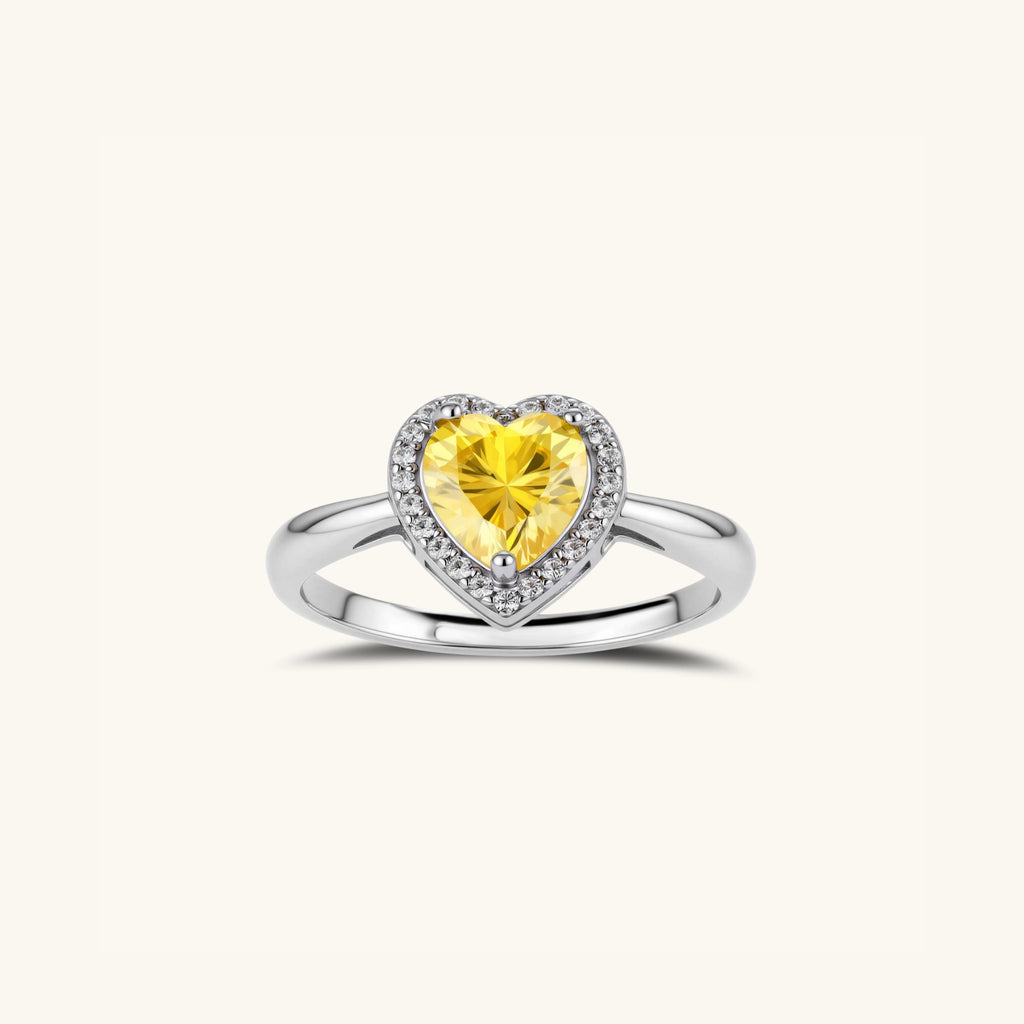 Yellow moissanite heart halo ring in 925 sterling silver with pave halo, front view | VAHN Jewels