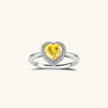Yellow moissanite heart halo ring in 925 sterling silver with pave halo, front view | VAHN Jewels