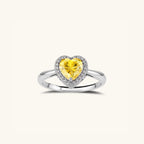 Yellow moissanite heart halo ring in 925 sterling silver with pave halo, front view | VAHN Jewels