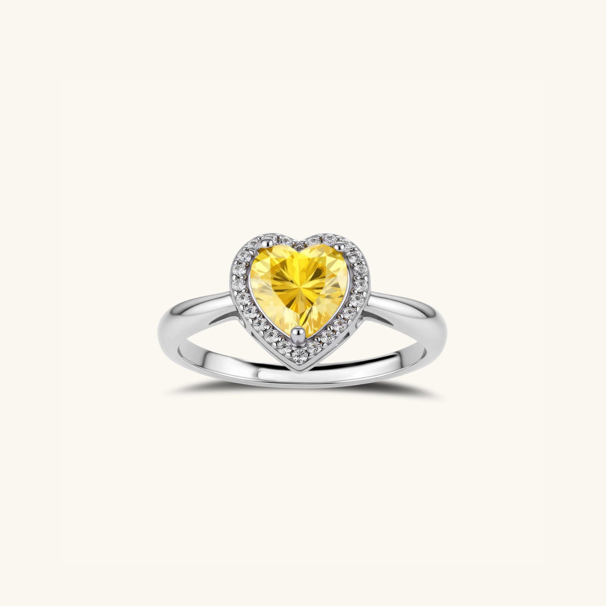Yellow moissanite heart halo ring in 925 sterling silver with pave halo, front view | VAHN Jewels