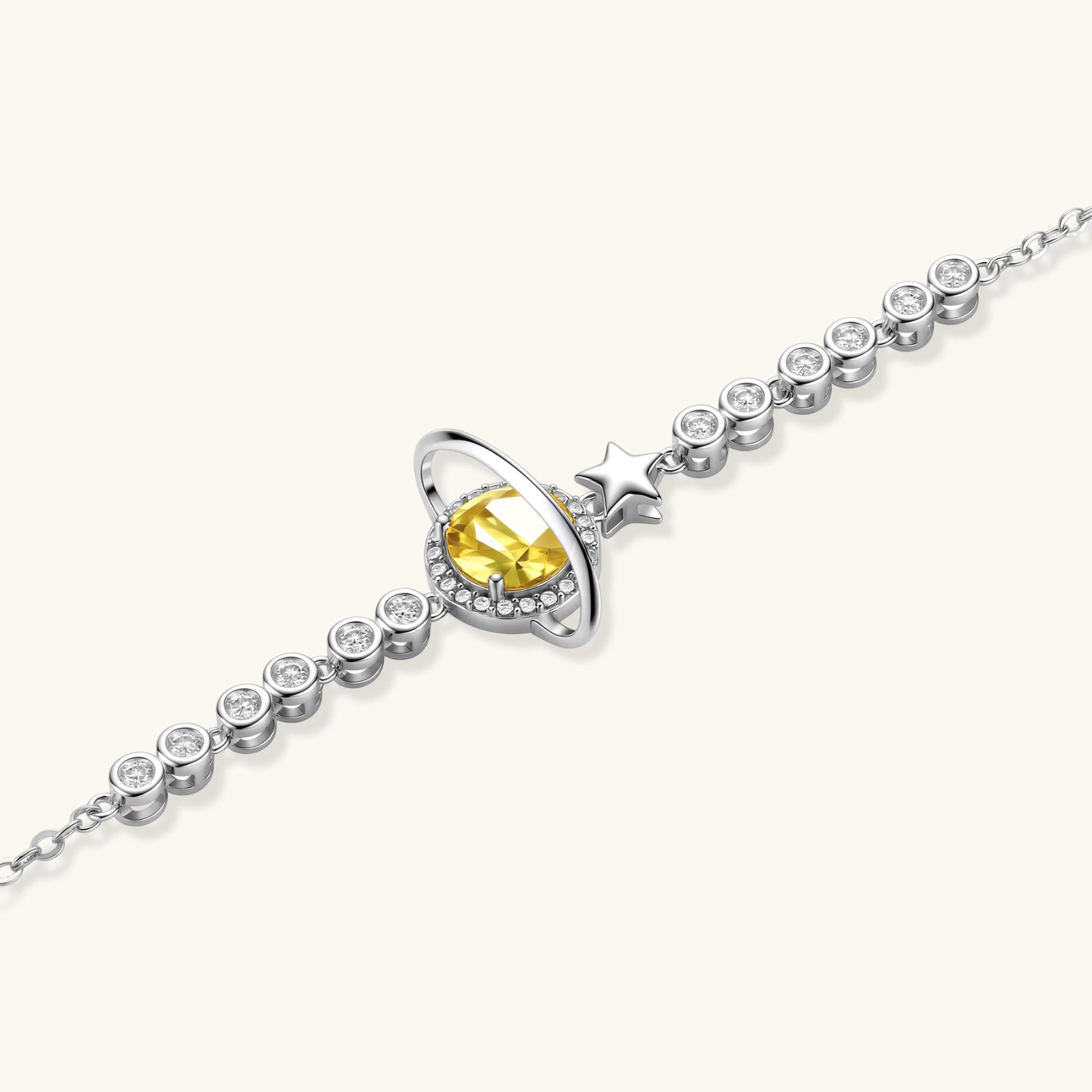 Detail of yellow moissanite Saturn pendant with star charm in 925 sterling silver