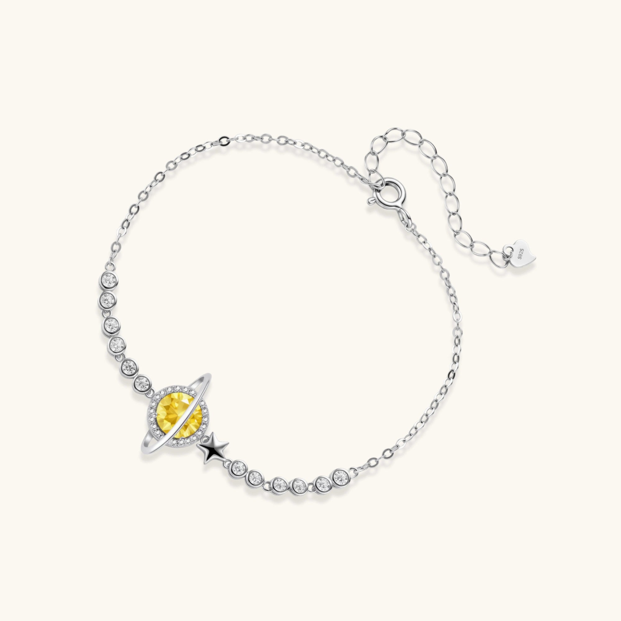 Yellow moissanite Saturn silver bracelet in 925 sterling silver with pave tennis chain