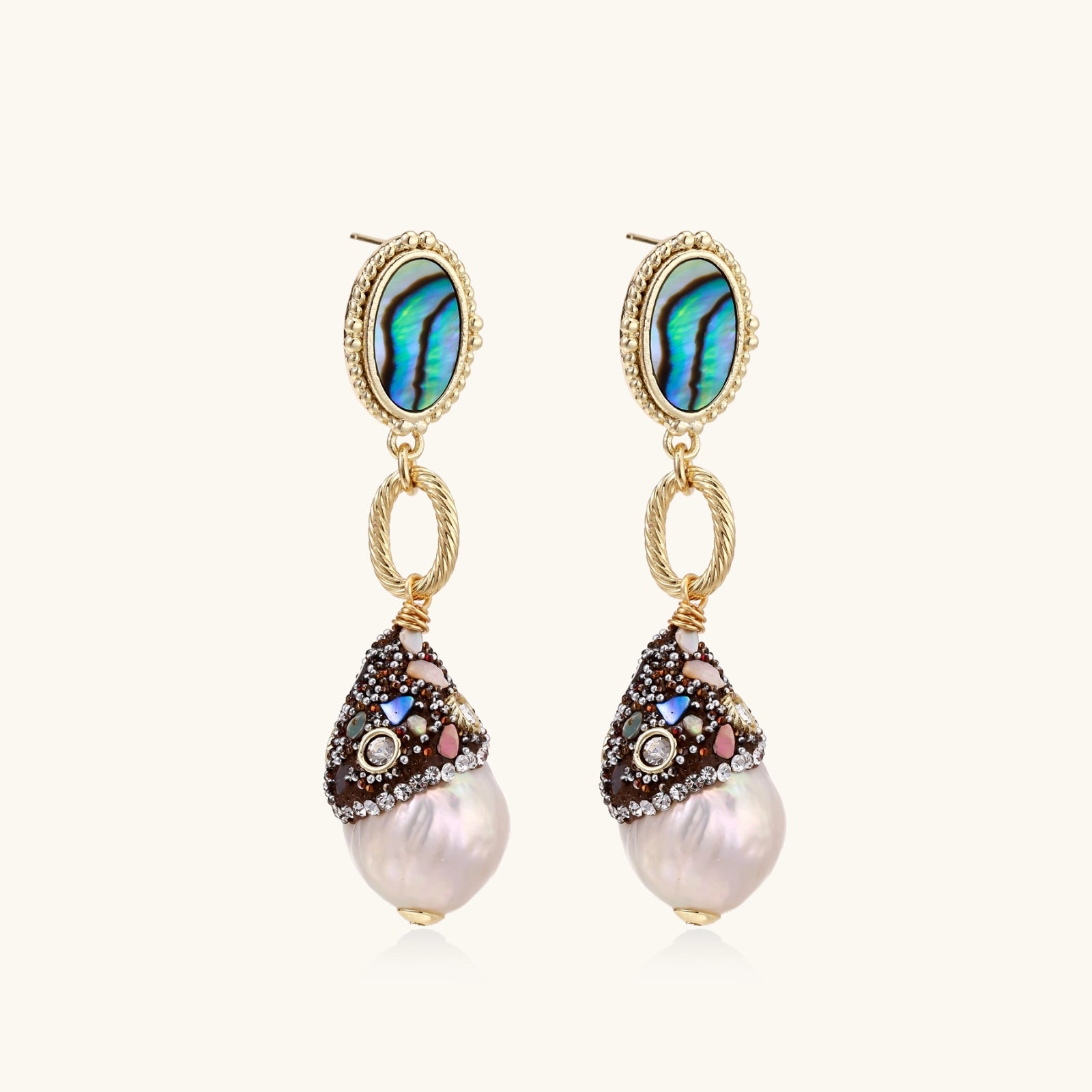 Long drop baroque pearl earrings with iridescent abalone top and jeweled cap