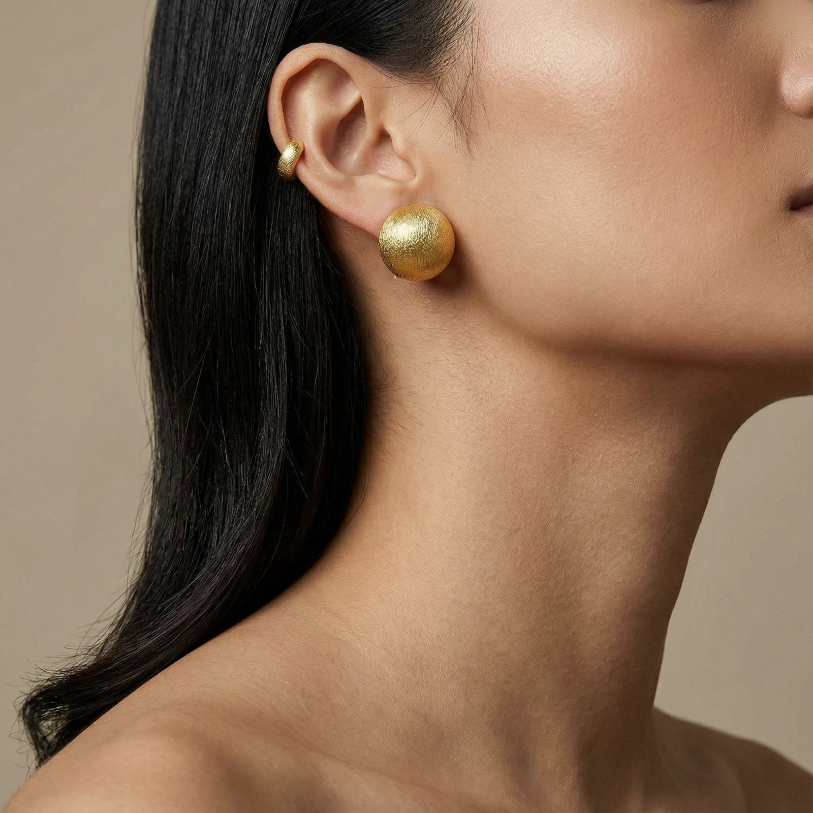 Pair of sculptural brushed gold dome clip earrings — 24K vermeil