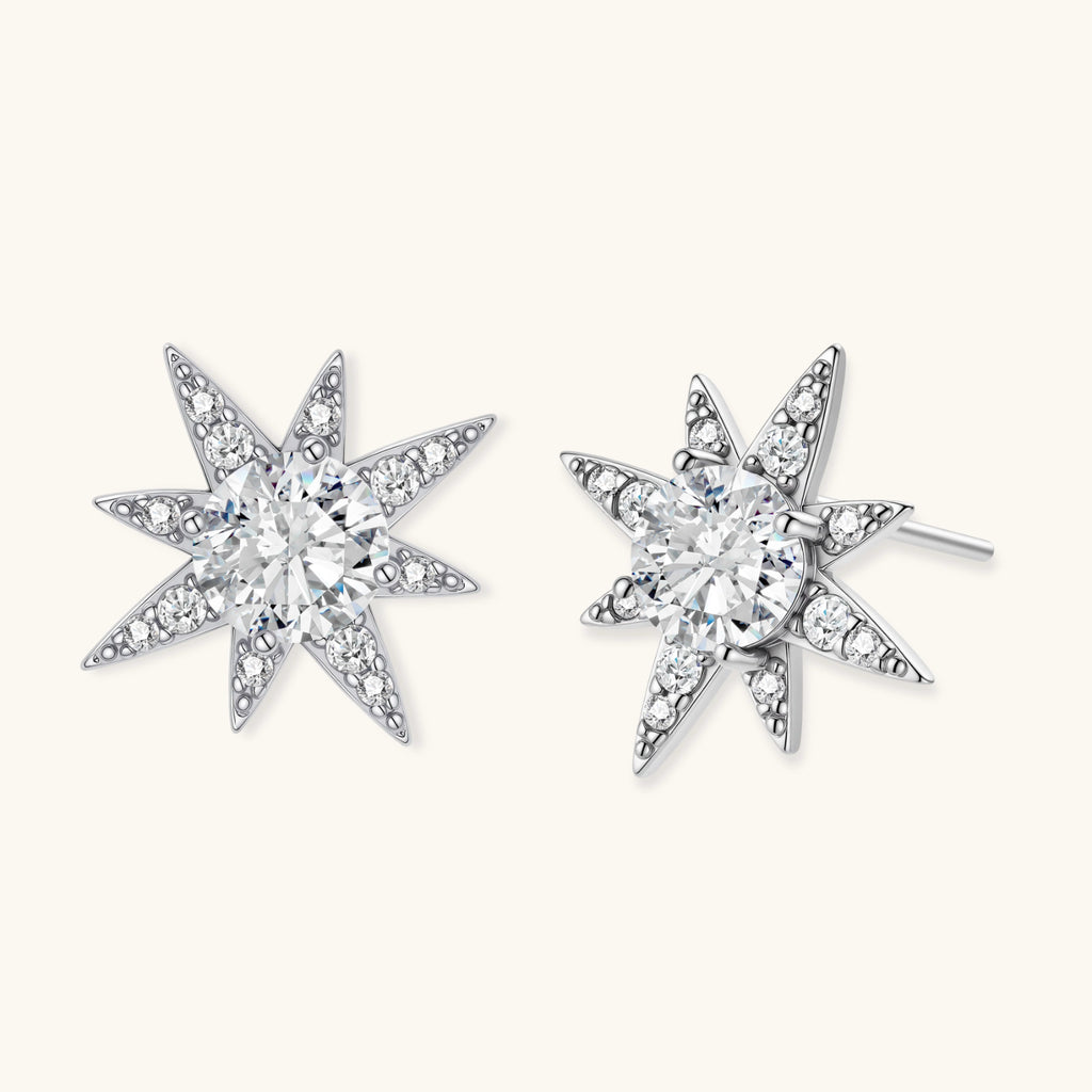 Close-up of brilliant moissanite set in sterling silver celestial star earrings