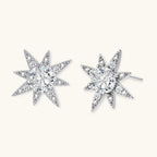Close-up of brilliant moissanite set in sterling silver celestial star earrings