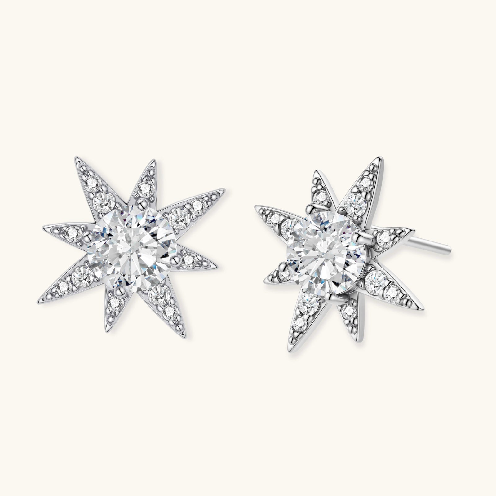 Close-up of brilliant moissanite set in sterling silver celestial star earrings
