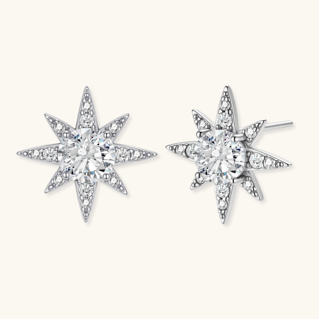 Pair of moissanite celestial star stud earrings in sterling silver