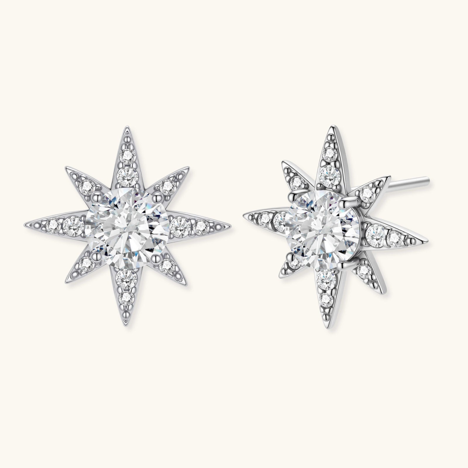 Pair of moissanite celestial star stud earrings in sterling silver