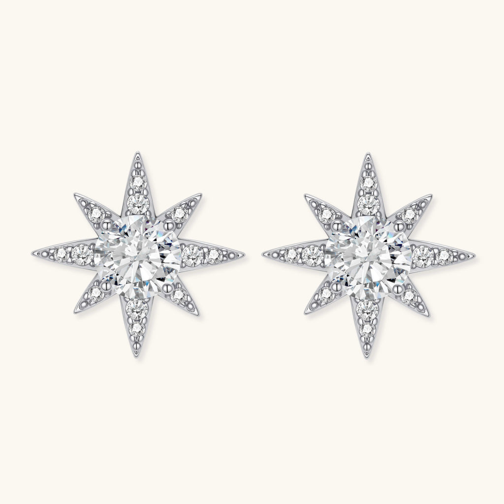 Celestial star stud earrings in 925 silver with moissanite on white background