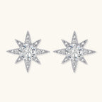 Celestial star stud earrings in 925 silver with moissanite on white background