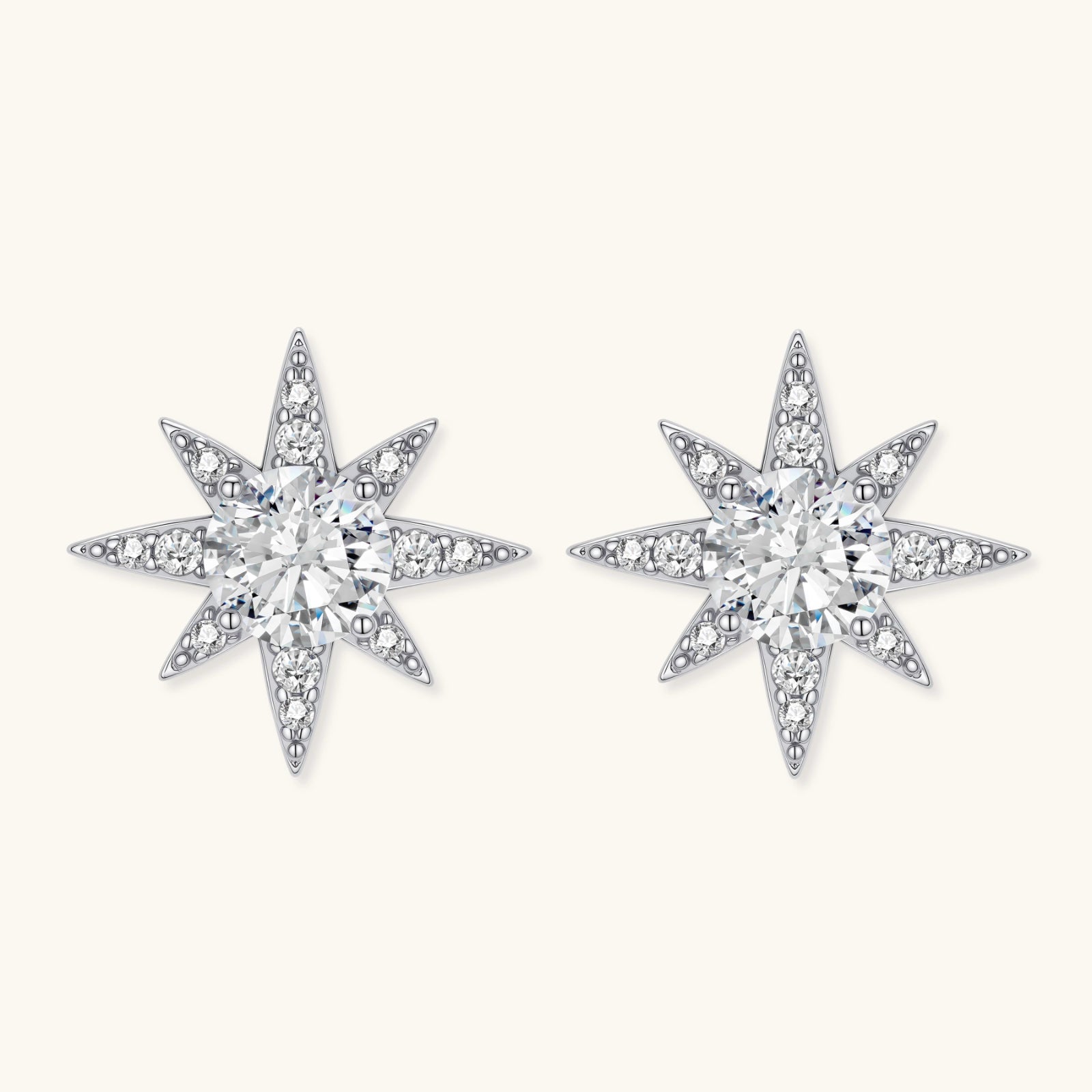 Celestial star stud earrings in 925 silver with moissanite on white background