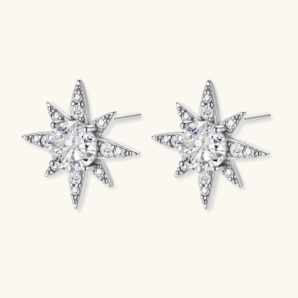 Side view of eight-point star stud earrings with VVS1 moissanite center