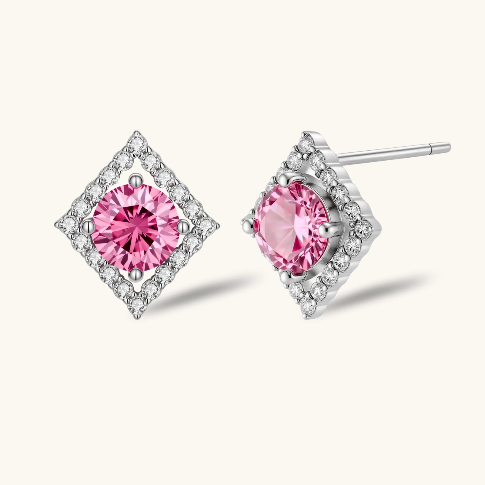 Pair of pink moissanite diamond halo stud earrings in sterling silver