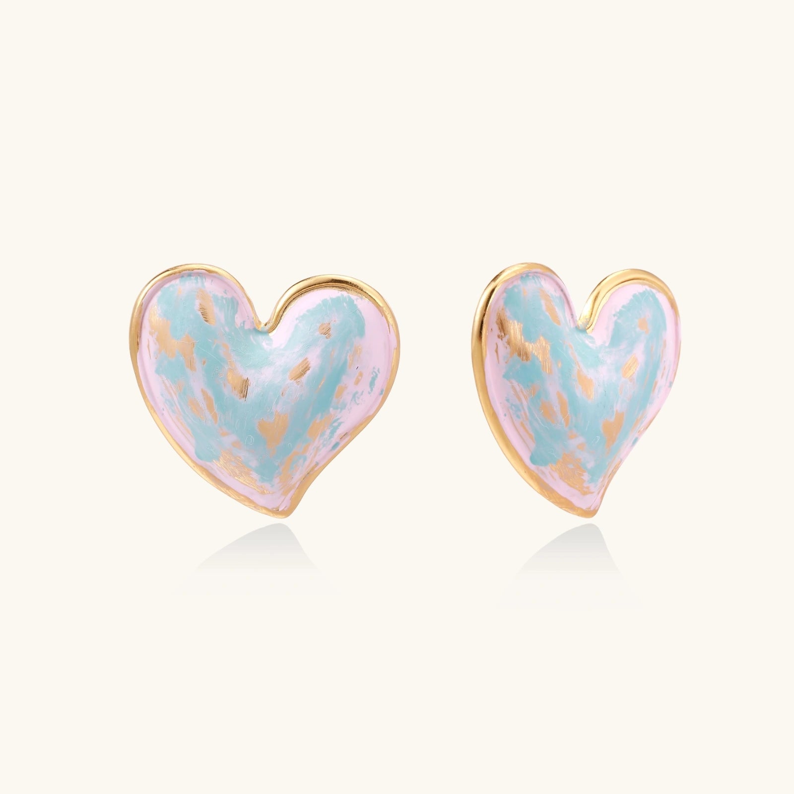  Pair of hand-painted dreamy heart stud earrings in pink and blue enamel