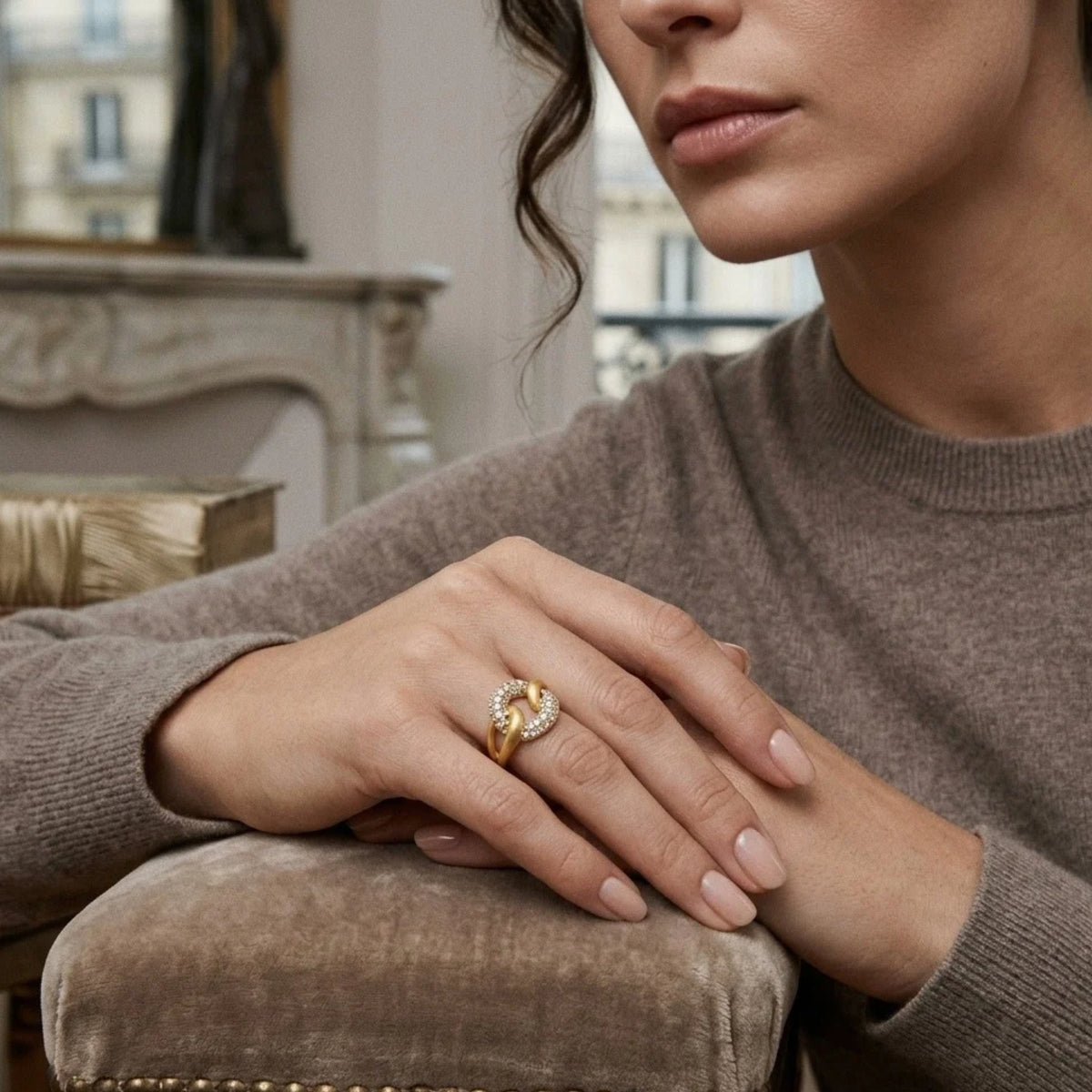 Gold chain link ring with pave cubic zirconia worn on the hand | VAHN Jewels