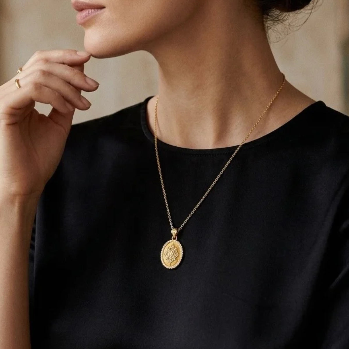 Pave coin pendant necklace worn at the collarbone | VAHN Jewels