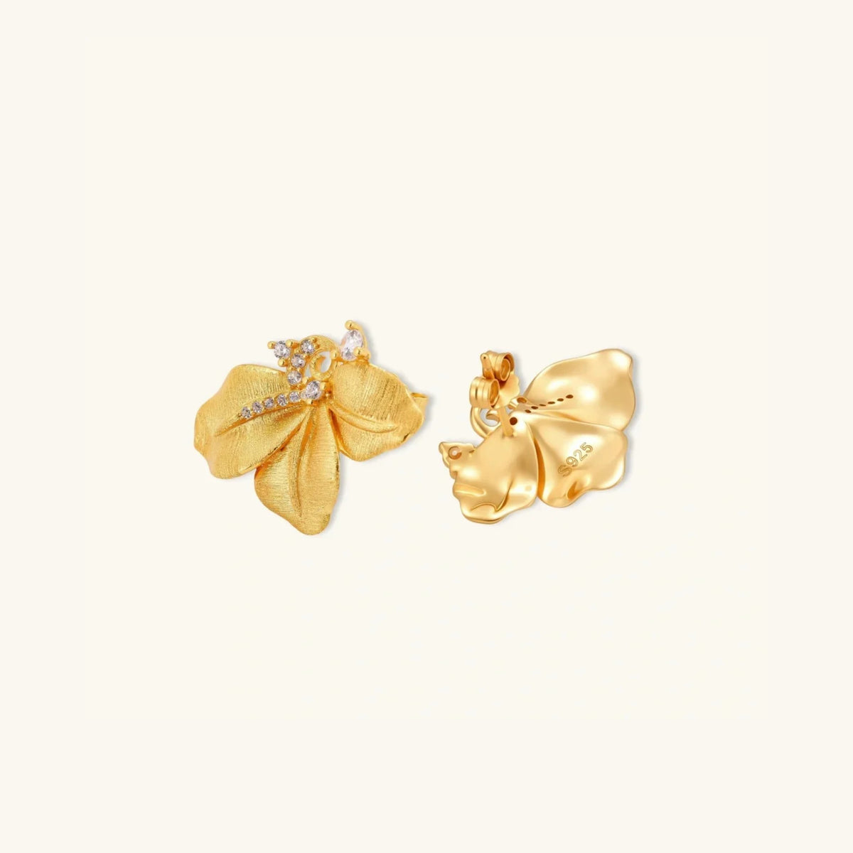 Gold flower stud earrings showing post back and side profile | VAHN Jewels
