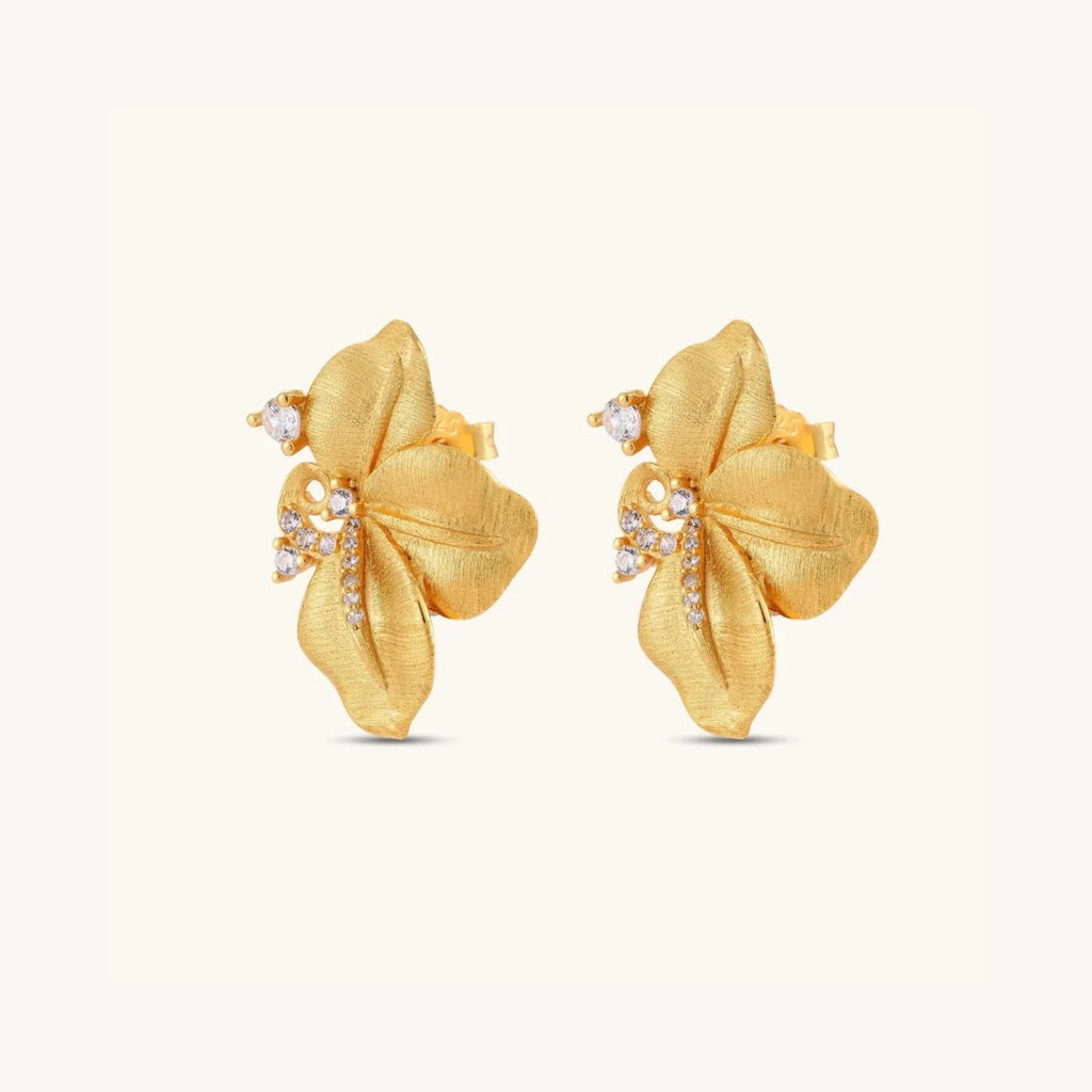 Pair of gold flower earrings with cubic zirconia accents | VAHN Jewels