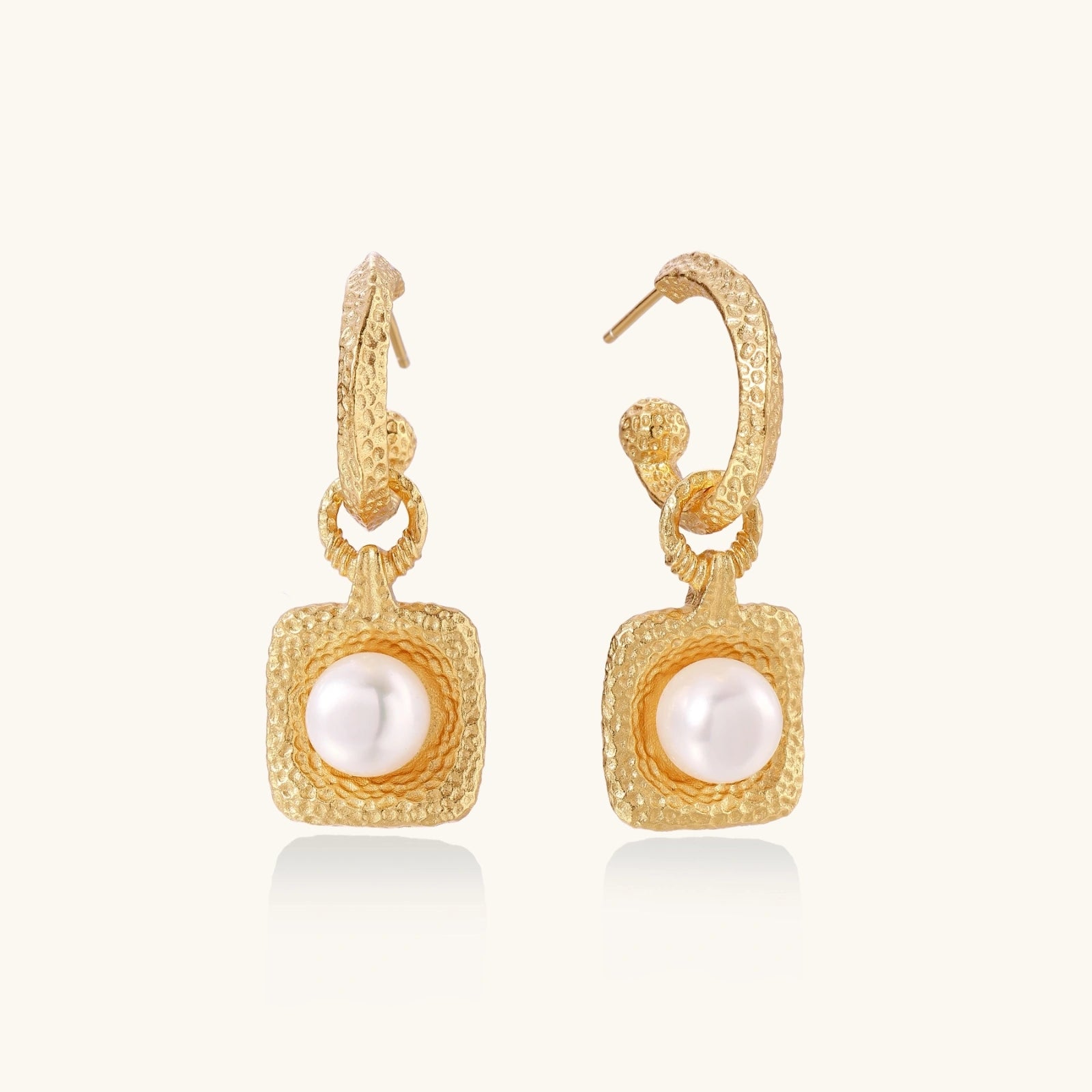 Pair of hammered 24K gold vermeil pearl drop hoop earrings