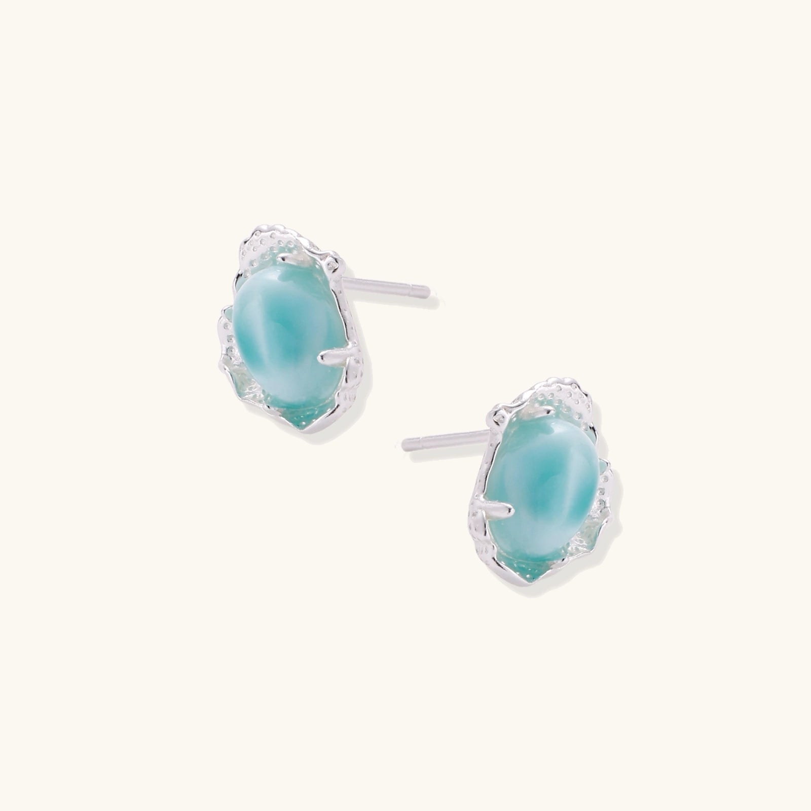 Detail of blue marbled larimar stone on sterling silver dream stud earrings
