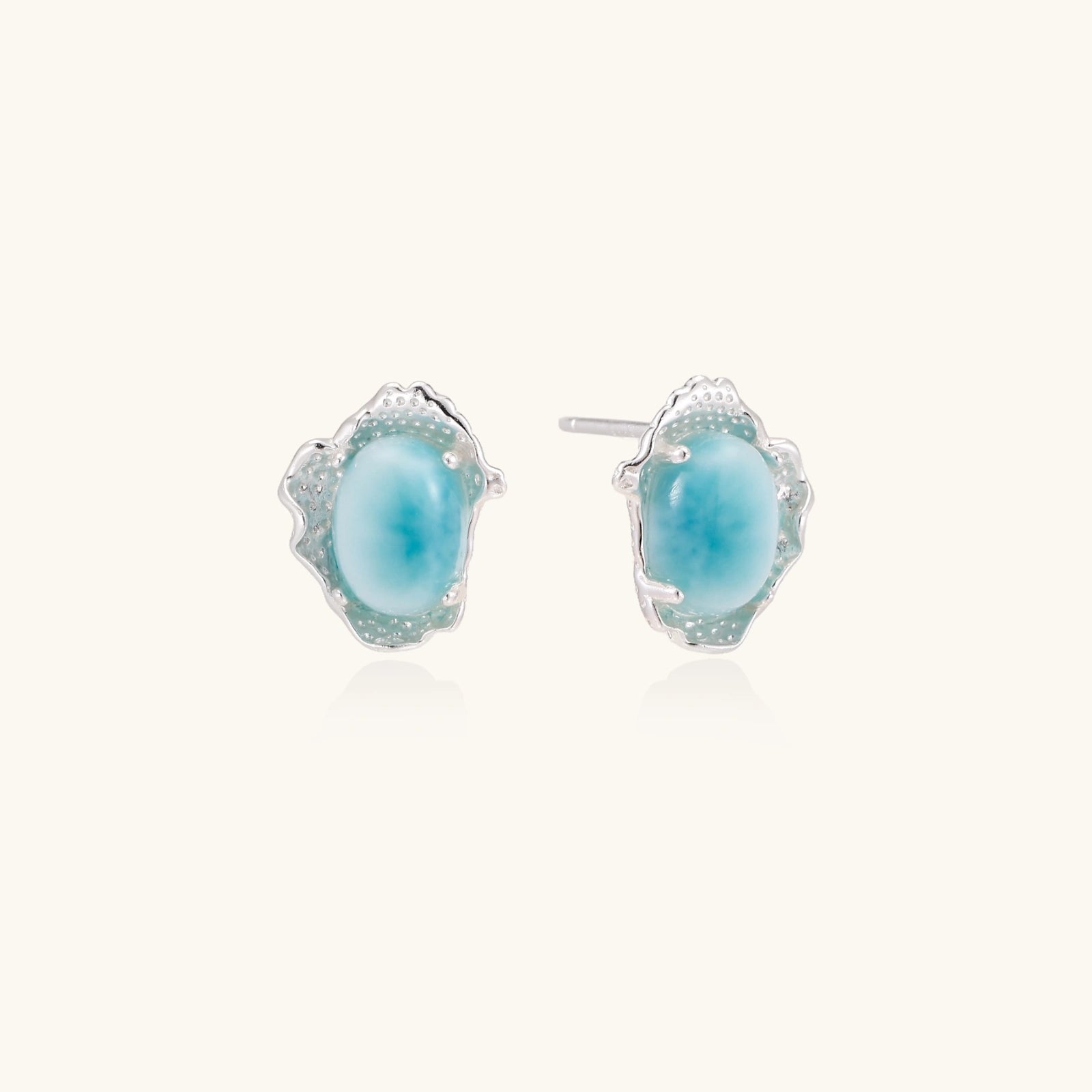 Pair of ocean blue larimar dream stud earrings in sterling silver