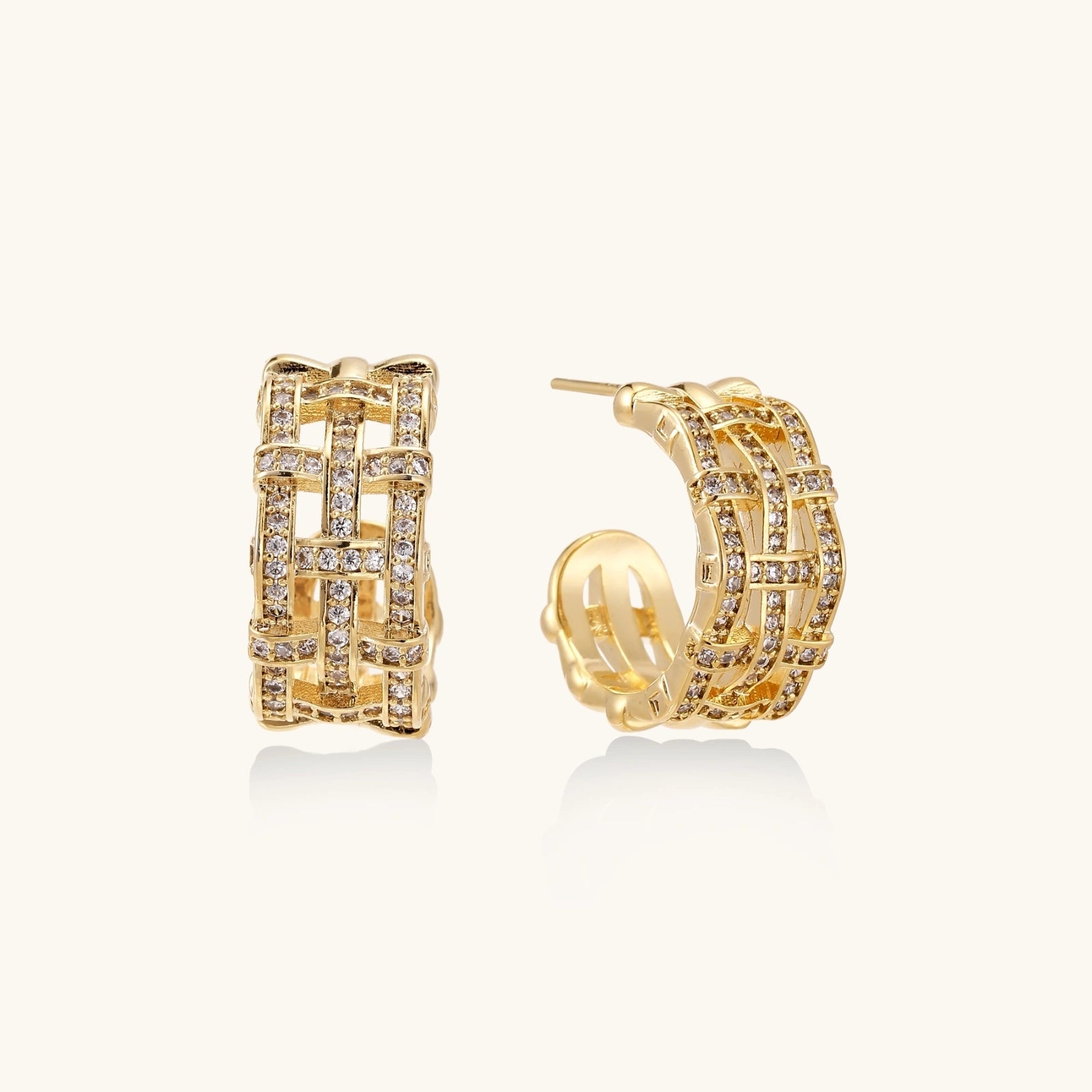  Pair of gold crystal lattice dream hoop earrings — geometric basket-weave design