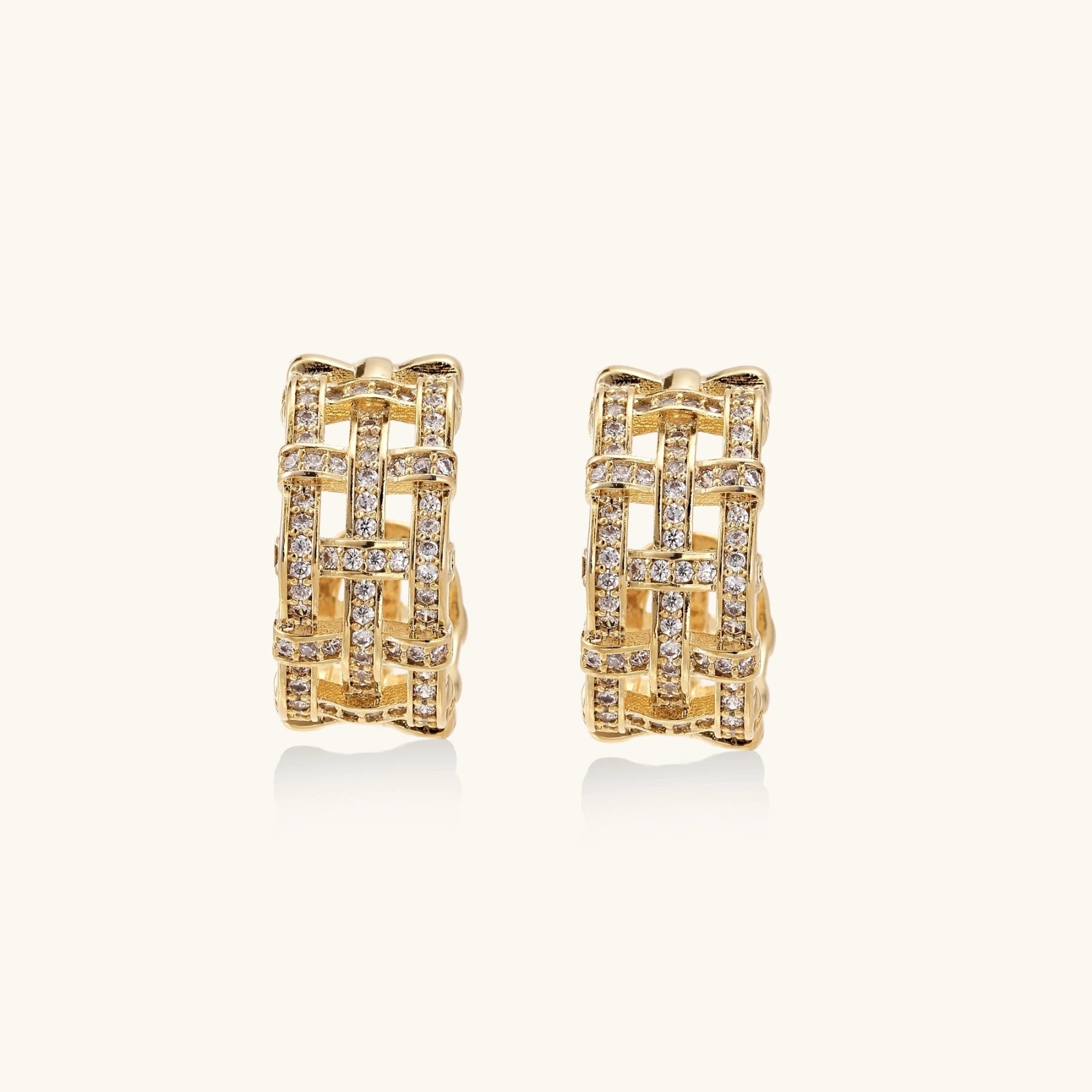 Lattice dream hoop earrings in 14K gold with pavé crystals on white background