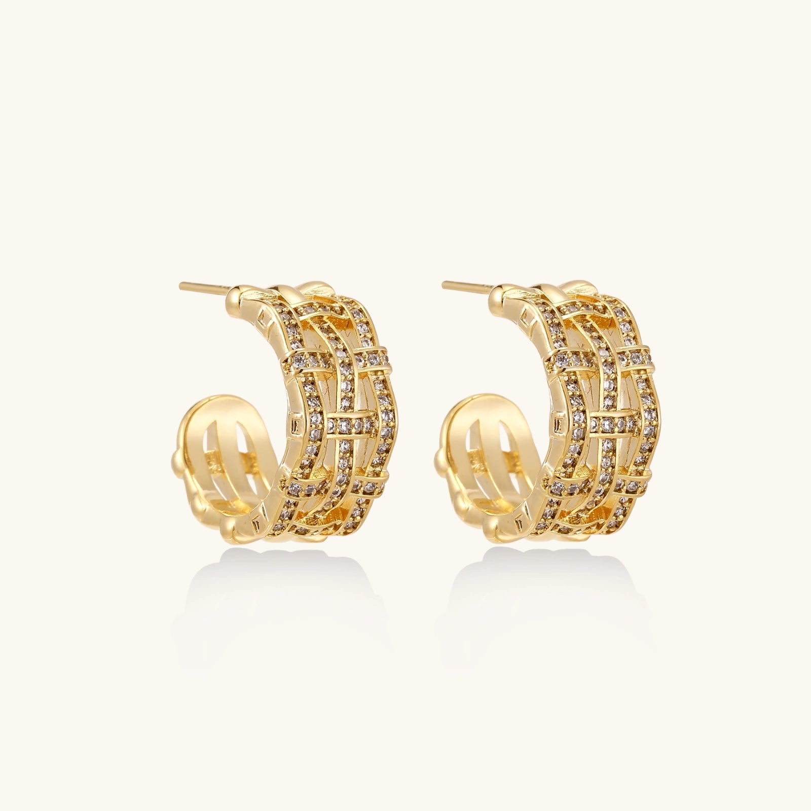 Side view of architectural lattice hoop earrings with pavé crystal detail
