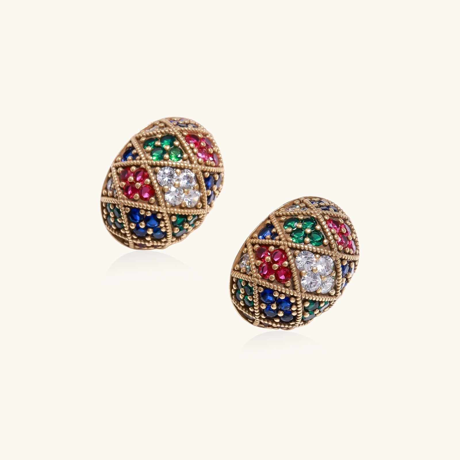 Close-up of rainbow zirconia sections on Byzantine mosaic dream stud earrings