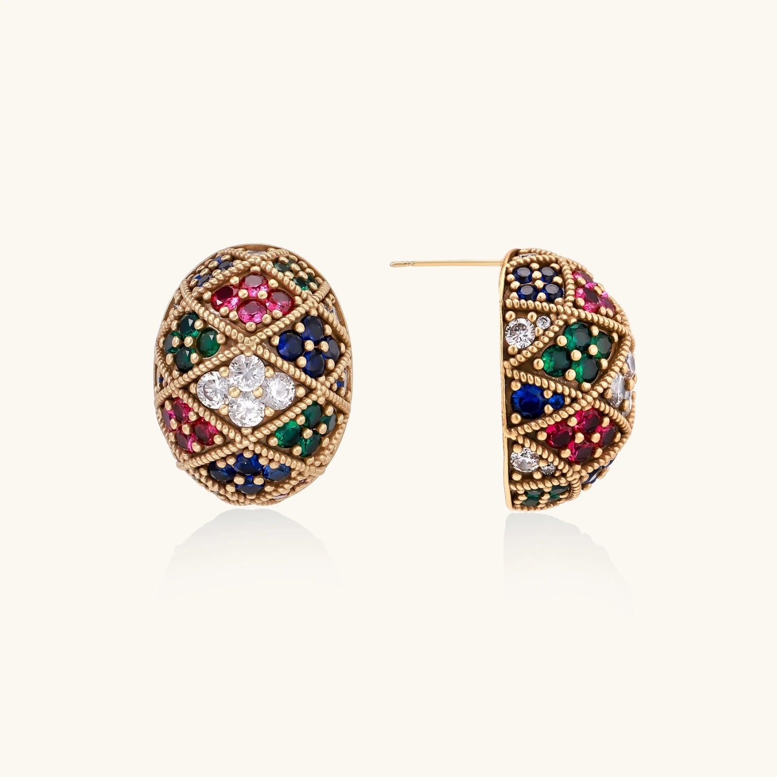  Pair of colorful mosaic dream dome stud earrings with multicolor zirconia