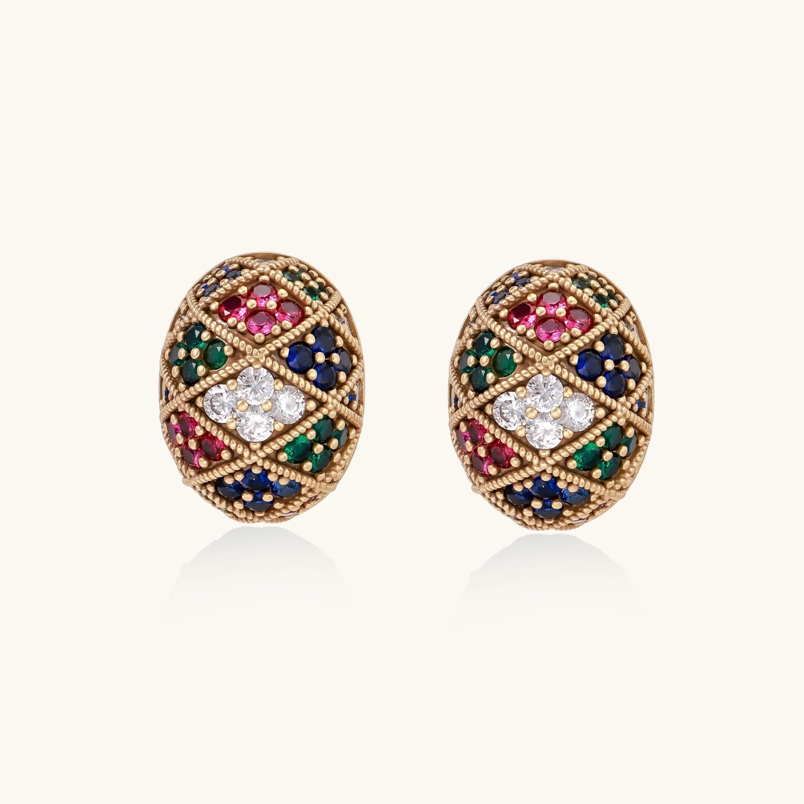 Mosaic dream stud earrings with rainbow zirconia in Byzantine gold dome on white background
