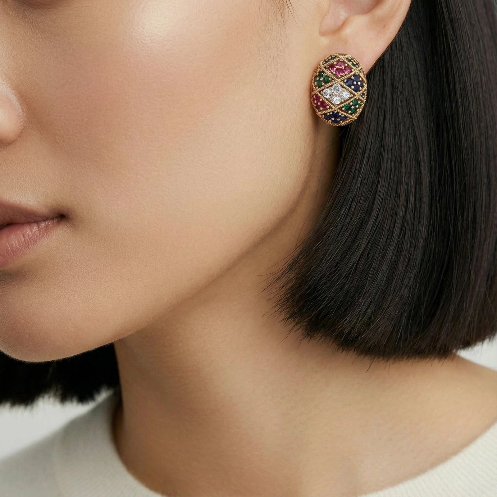 Woman wearing mosaic dream stud earrings — bold colorful statement jewelry