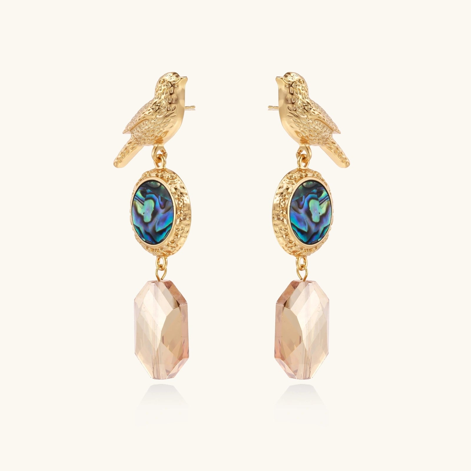 Pair of gold songbird abalone drop earrings with iridescent shell detail