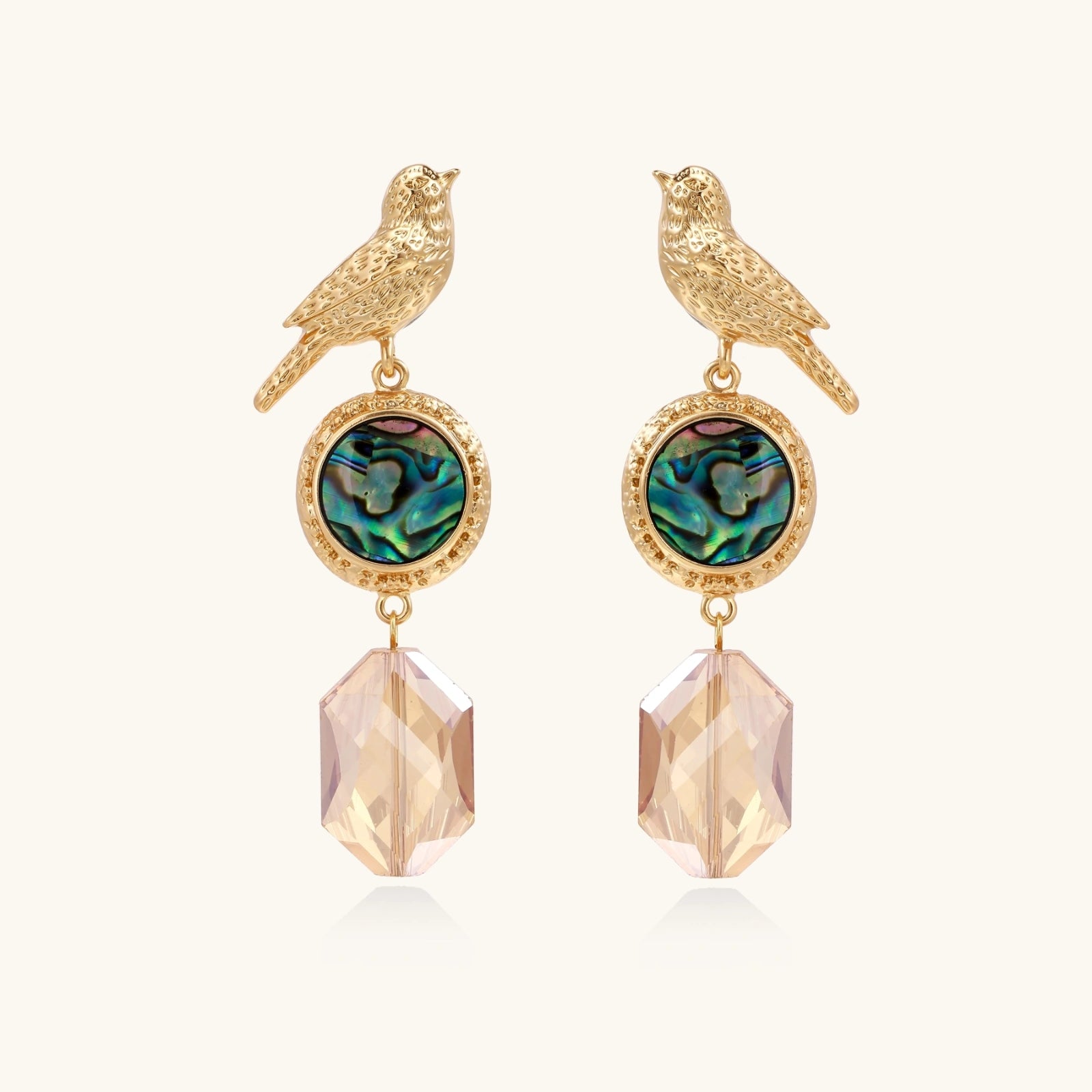 Side view of sculpted songbird abalone drop earrings in gold eco-brass