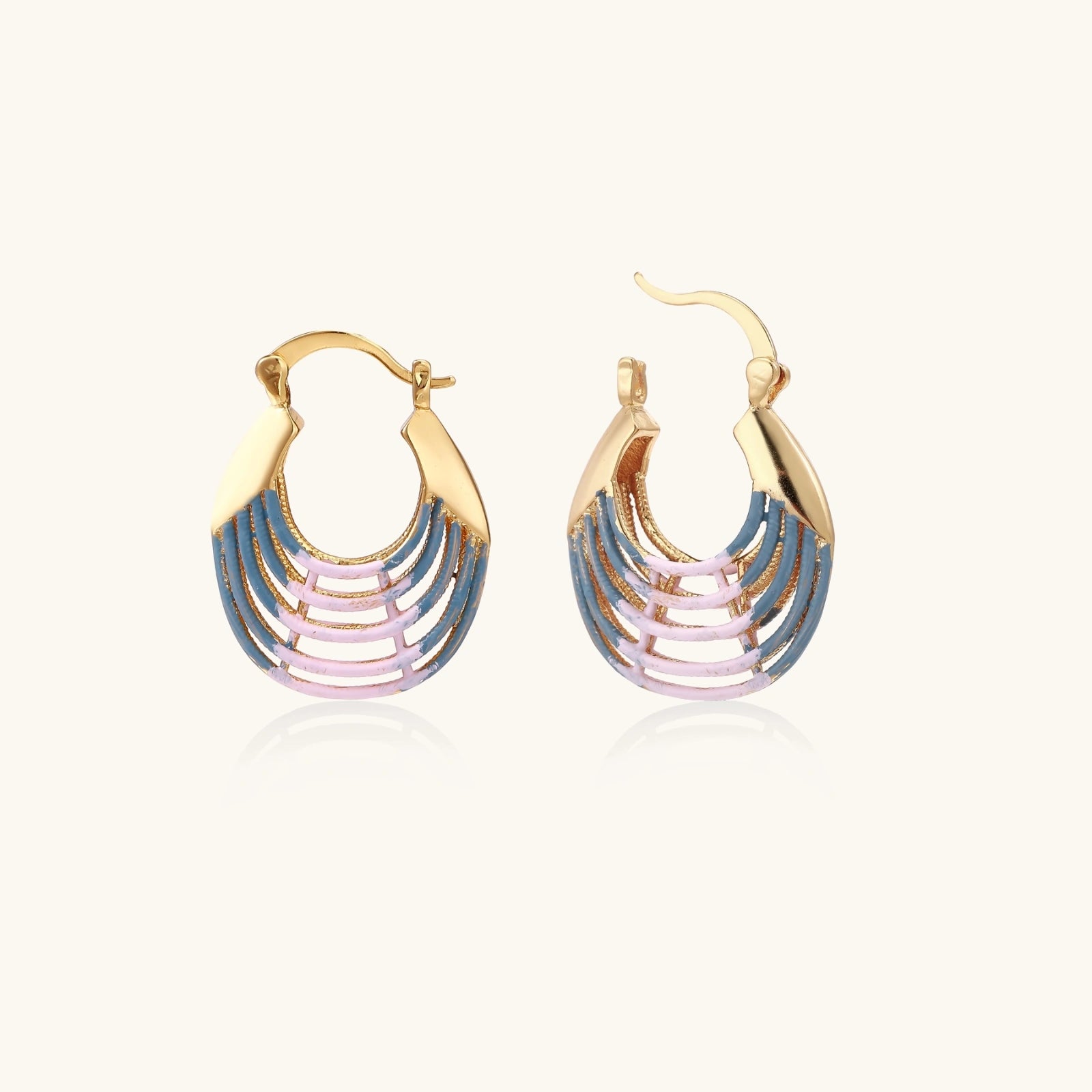 Pair of art-deco sunrise ripple hoop earrings with ocean blue to pink enamel