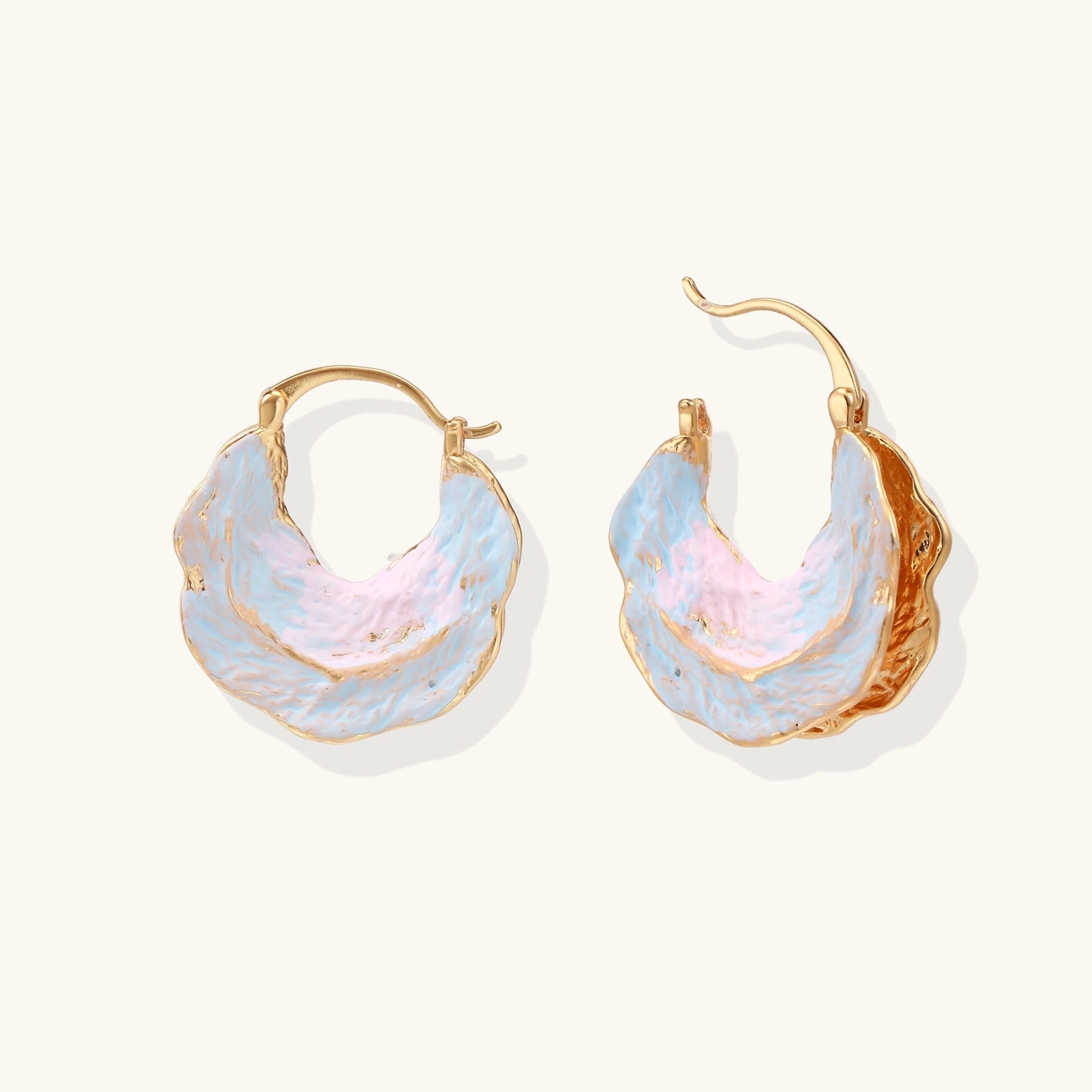 Pair of enamel tide pool hoop earrings in blush and blue — 18K gold