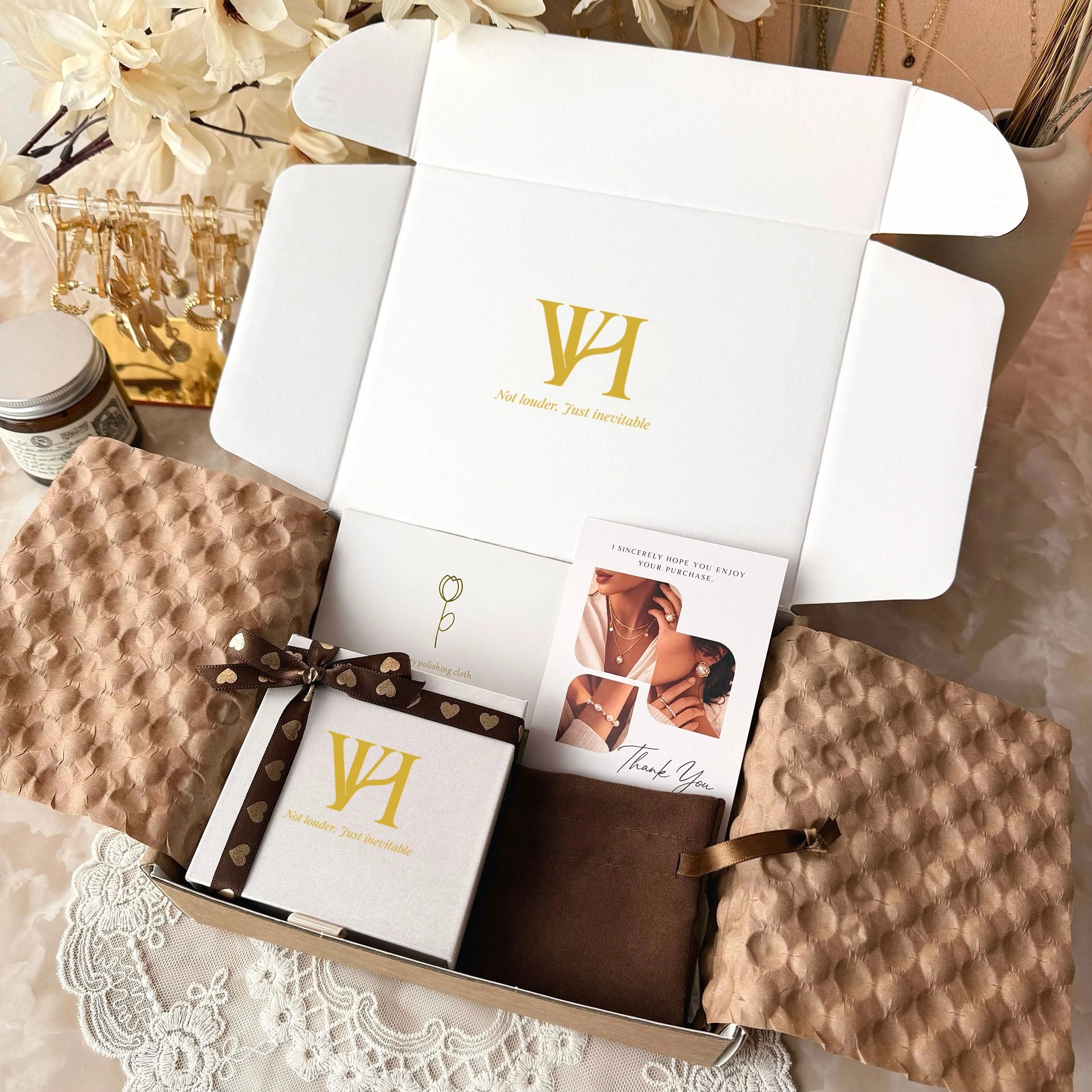VAHN Jewels gift packaging with branded box, satin pouch, polishing cloth and thank you card | VAHN Jewels